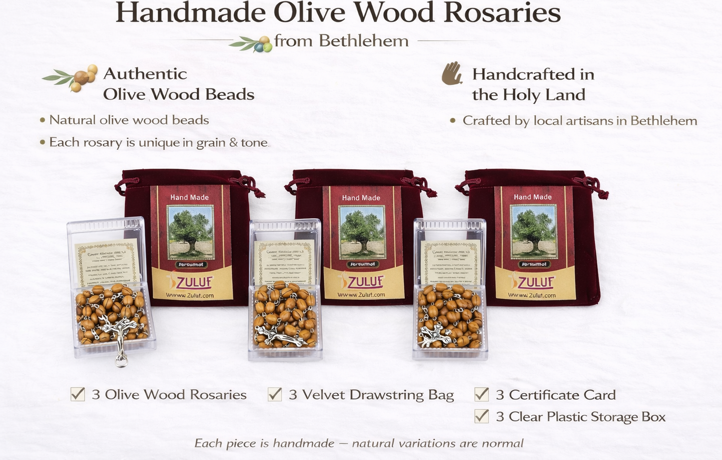 Olive Wood Rosary Handmade in Bethlehem – 21.6” Catholic Rosary with Metal Crucifix – Includes Velvet Bag, Plastic Gift Box & Certificate – Available in 1, 3 or 6 Pieces