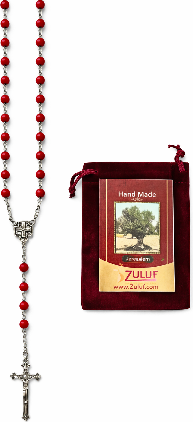 Red Catholic Rosary with Silver-Tone Crucifix – 18.8” Prayer Beads – Includes Velvet Bag & Certificate – Available as Single Rosary or Set of 3 – Christian Gift