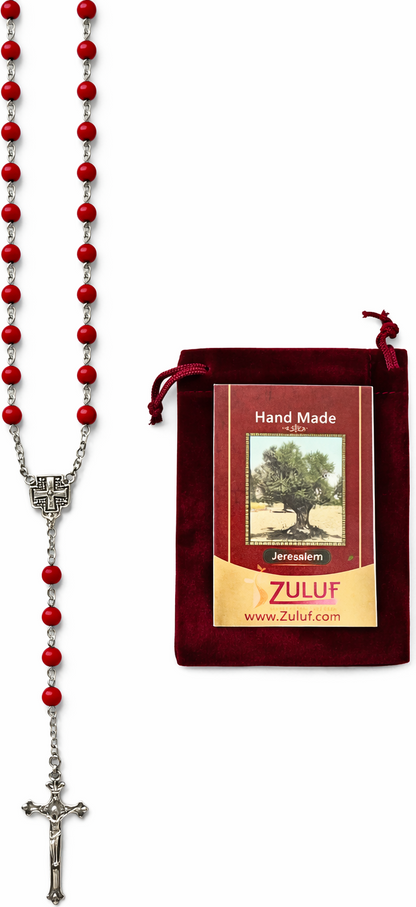 Red Catholic Rosary with Silver-Tone Crucifix – 18.8” Prayer Beads – Includes Velvet Bag & Certificate – Available as Single Rosary or Set of 3 – Christian Gift