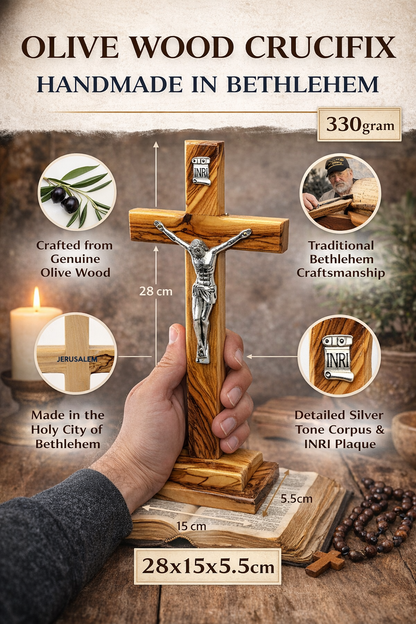 Handmade Olive Wood Crucifix from Bethlehem – Christian Cross with Metal Corpus & INRI – Holy Land Gift (4 Sizes)