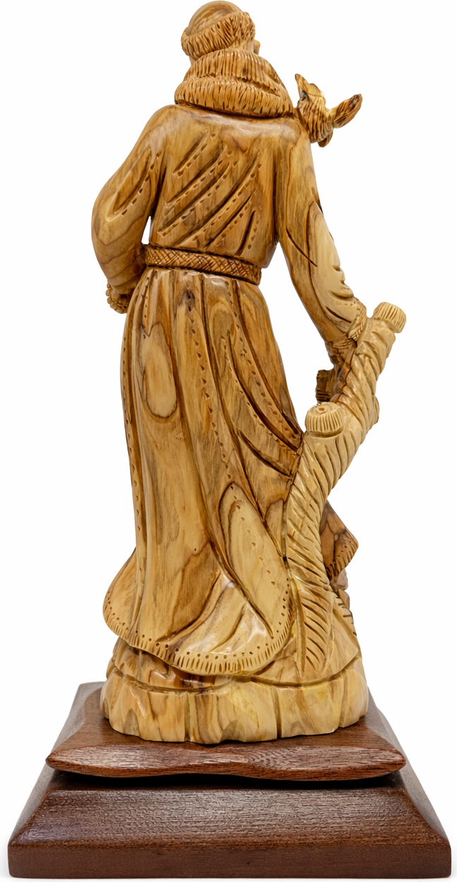 Hand Carved Olive Wood St. Francis of Assisi Statue | Handmade Bethlehem Holy Land Christian Sculpture — 13.1 Inch