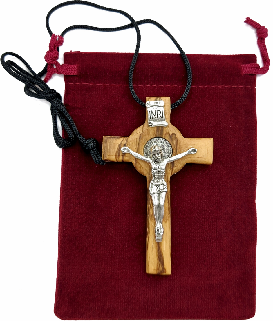 Handmade Olive Wood Saint Benedict Crucifix from Bethlehem – Catholic Cross with Cord, Velvet Bag and Certificate, 7.5 x 4.8 x 1.6 cm, 20g 3.0 Inches