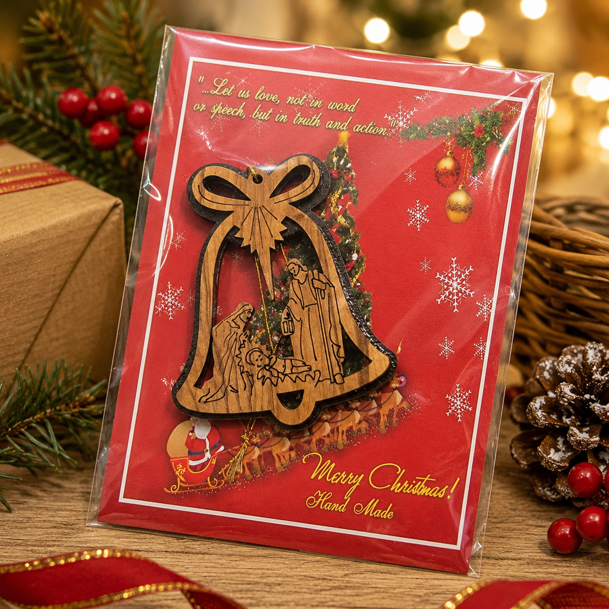 6 Olive Wood Christmas Ornaments Gift Packaging Merry Christmas Card