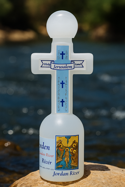 Cross-Shaped Holy Water Bottle from Jordan River – 5.3" Tall | 152g | Holy Land Souvenir with Jerusalem Label