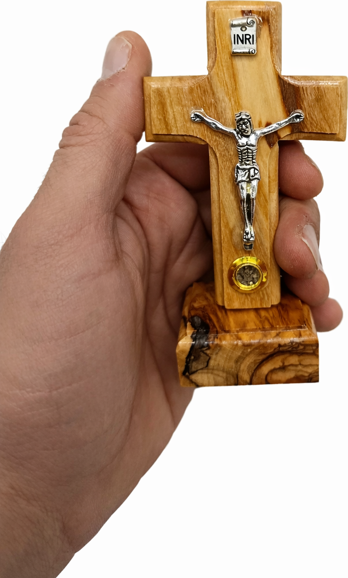 Handmade Olive Wood Crucifix from Bethlehem with Holy Land Relic – INRI Cross with Metal Corpus – Christian Gift (9x6 cm) 4.3 Inches