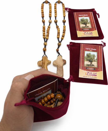 Olive Wood Rosary Handmade in Bethlehem – 11” Catholic Wooden Rosary with 33 Beads – Available as 1 Piece or Set of 3 – Includes Velvet Bag & Certificate – Holy Land Gift