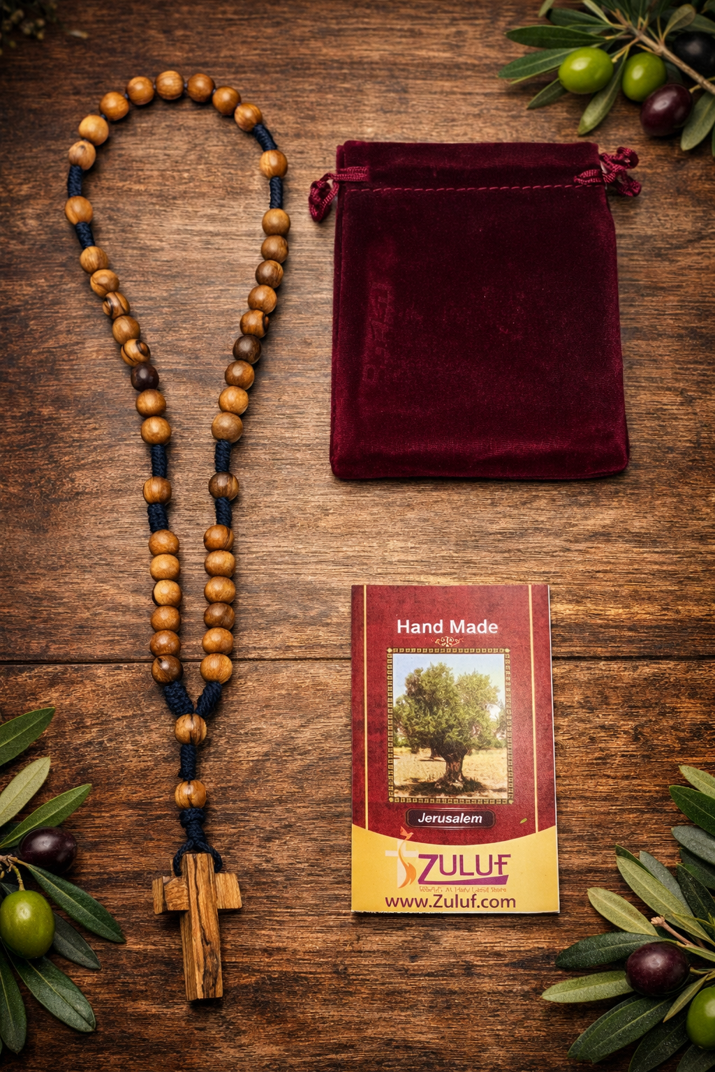 Set of 3 Olive Wood Rosary Beads Handmade in Bethlehem – Catholic Wooden Rosary with Cross – Includes 3 Velvet Bags & 3 Certificates – Holy Land Christian Gift
