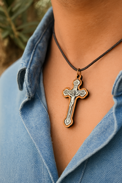 Handcrafted Olive Wood Crucifix Necklace Set - Side View
