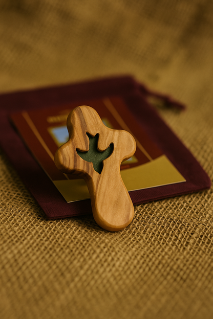 🕊️ Handcrafted Olive Wood Comfort Cross with Dove Cut-Out – Made in Bethlehem | Comes with Gift Bag & Certificate | Zuluf Holy Land Gift
