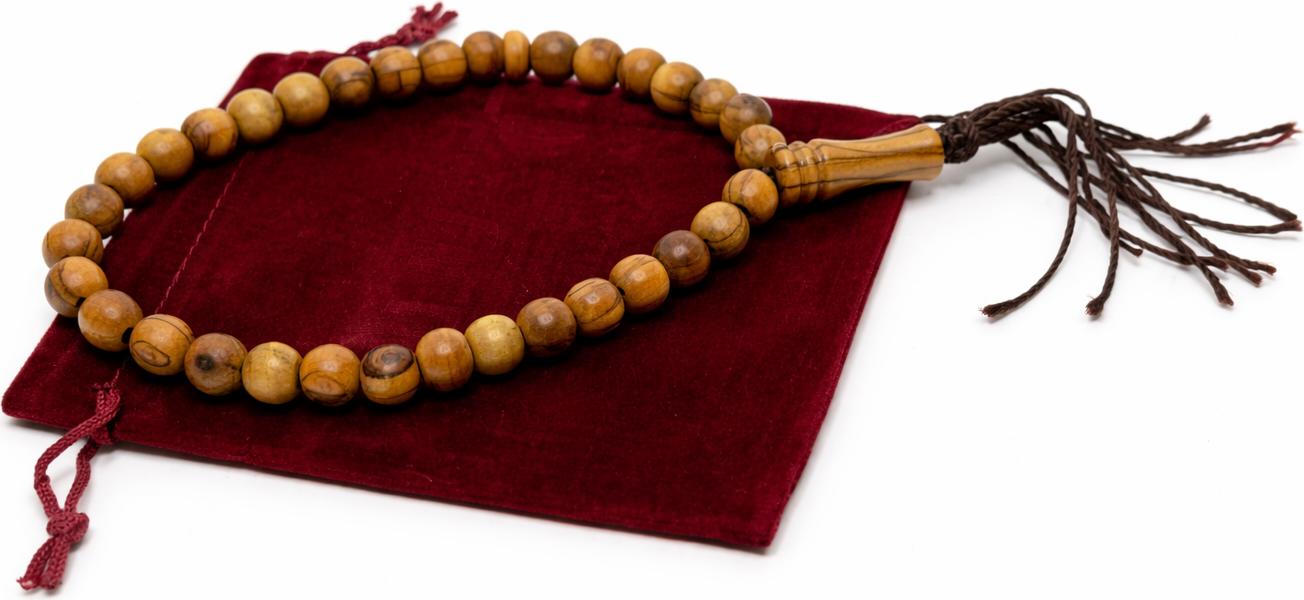 Olive Wood Prayer Beads 25 cm with Tassel, Handmade Wooden Worry Beads with Velvet Pouch, Smooth Round Beads for Prayer, Meditation & Daily Carry