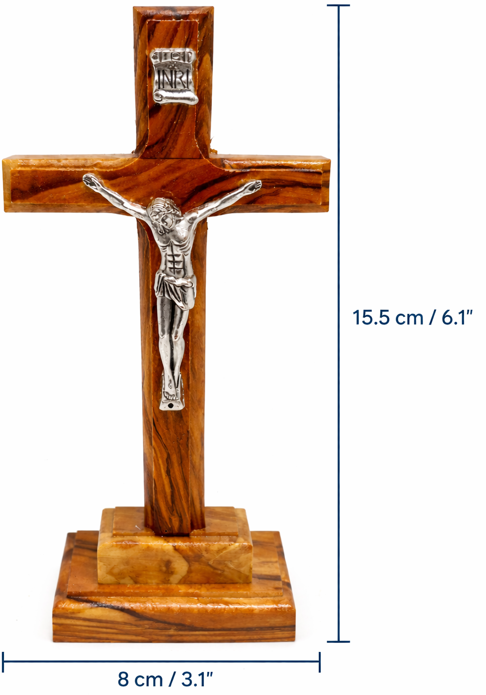 Handmade Olive Wood Crucifix from Bethlehem – Christian Cross with Metal Corpus & INRI – Holy Land Gift (4 Sizes)