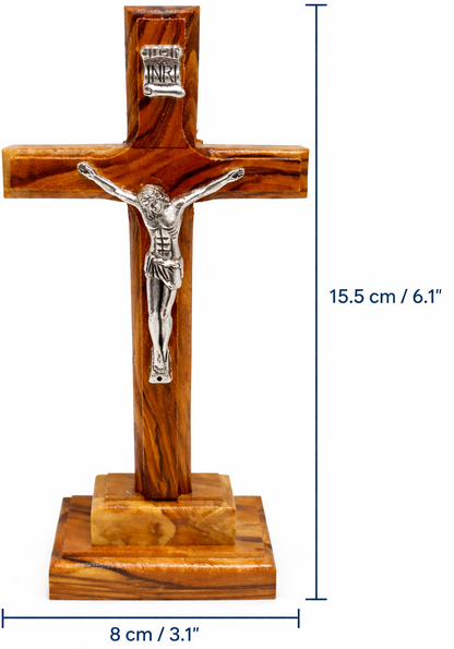 Handmade Olive Wood Crucifix from Bethlehem – Christian Cross with Metal Corpus & INRI – Holy Land Gift (4 Sizes)