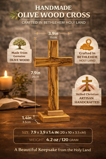 Handmade Olive Wood Cross from Bethlehem – Christian Cross Decor, Holy Land Gift – 6.1" 7.5" 9.25" 11.2" Sizes