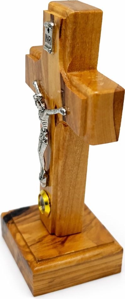Handmade Olive Wood Crucifix from Bethlehem with Holy Land Relic – INRI Cross with Metal Corpus – Christian Gift (9x6 cm) 4.3 Inches
