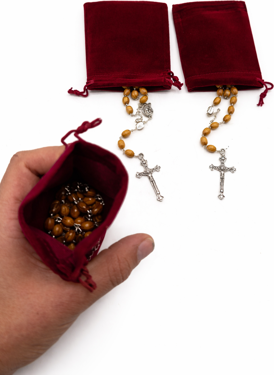 Olive Wood Rosary Handmade in Bethlehem – 23.6” Catholic Wooden Rosary with Silver Crucifix – Set of 3 or 6 – Includes Velvet Bags & Certificates – Holy Land Christian Gift