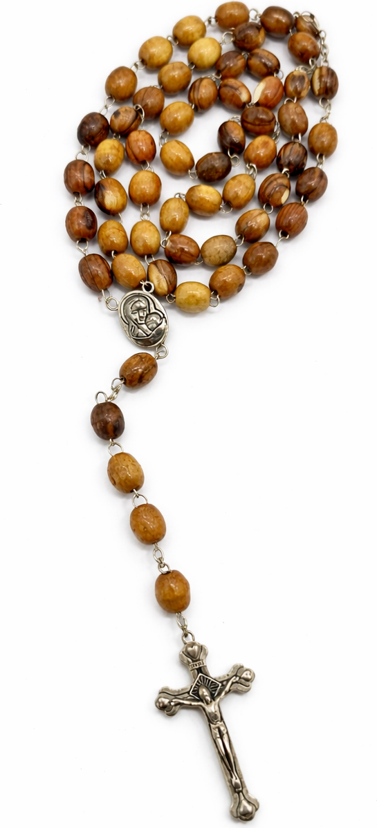Olive Wood Rosary Beads with Olive Wood Prayer Box, Catholic Prayer Beads with Crucifix & Center Medal, Holy Land Style Gift for Prayer, Confirmation or First Communion, 51 cm Length, 25 g