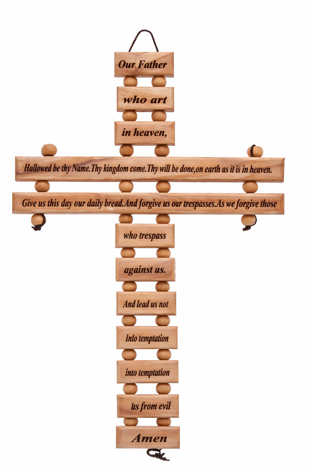 Olive Wood Lords Prayer Cross Wall Hanging - Close Up View