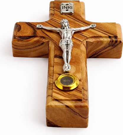 Olive Wood Wall Crucifix with INRI and Holy Land Relic from Bethlehem 3.6 Inches