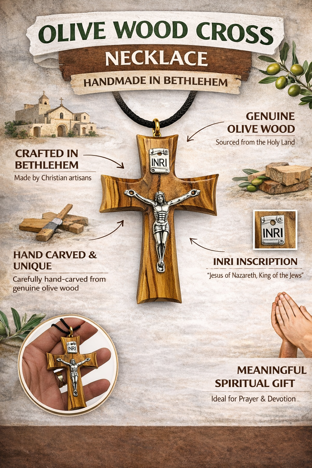 Handmade Olive Wood Cross Necklace from Bethlehem – Christian Crucifix Pendant with INRI – Holy Land Jewelry Gift