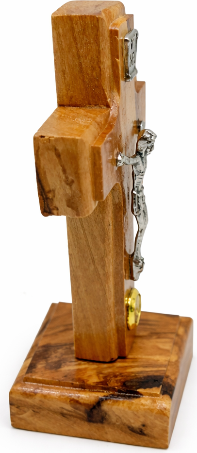 Handmade Olive Wood Crucifix from Bethlehem with Holy Land Relic – INRI Cross with Metal Corpus – Christian Gift (9x6 cm) 4.3 Inches