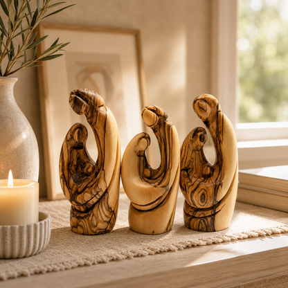 Olive wood Holy Family nativity set on a shelf, Christmas decor