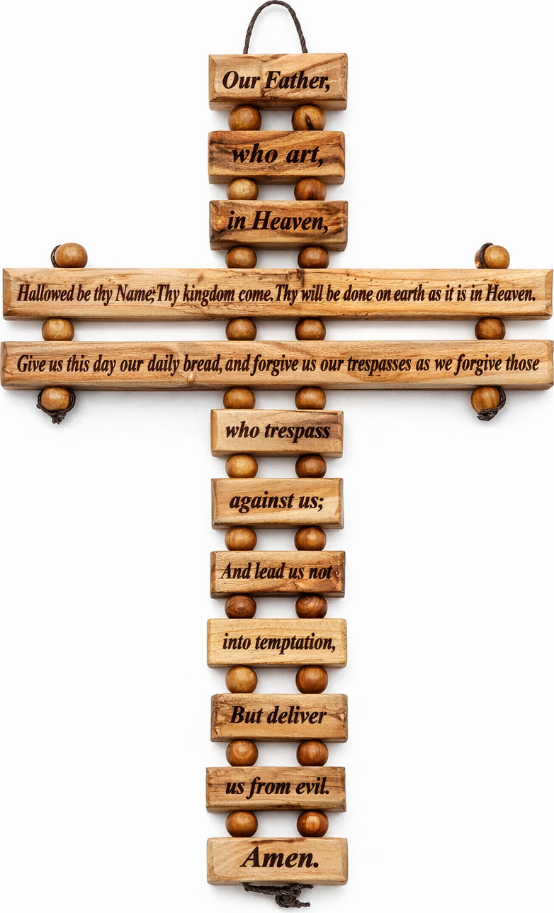 Olive Wood Lords Prayer Cross Wall Hanging - Side View