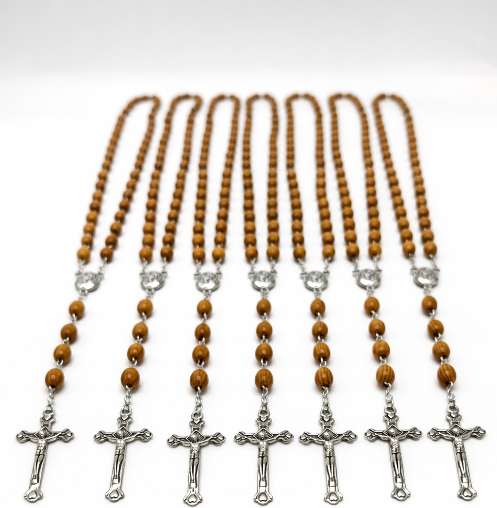 Olive Wood Rosary Handmade in Bethlehem – 23.6” Catholic Wooden Rosary with Silver Crucifix – Set of 3 or 6 – Includes Velvet Bags & Certificates – Holy Land Christian Gift