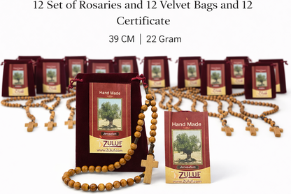 Set of 12 Olive Wood Rosaries Handmade in Bethlehem – 15.3” Catholic Wooden Rosary with Cross – Includes 12 Velvet Bags & 12 Certificates – Holy Land Bulk Gift Set