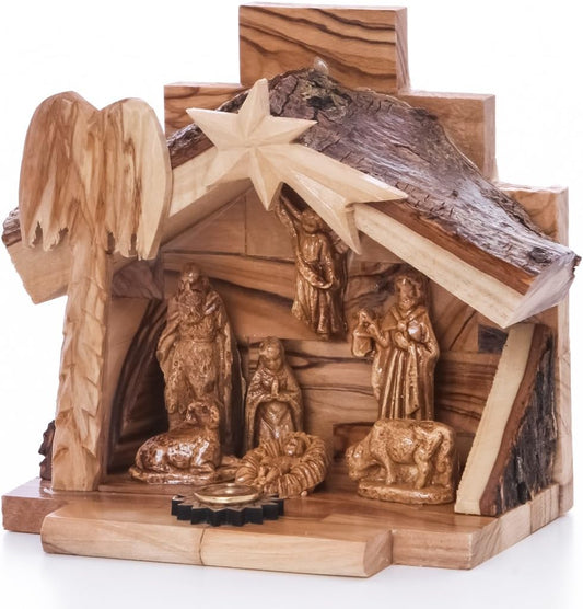 NAT022 Bethlehem Nativity with olive-wood manger, natural bark roof and painted gypsum figures, front view