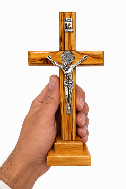 Handmade Olive Wood Saint Benedict Crucifix from Bethlehem – Catholic Standing Cross with - Additional View 4