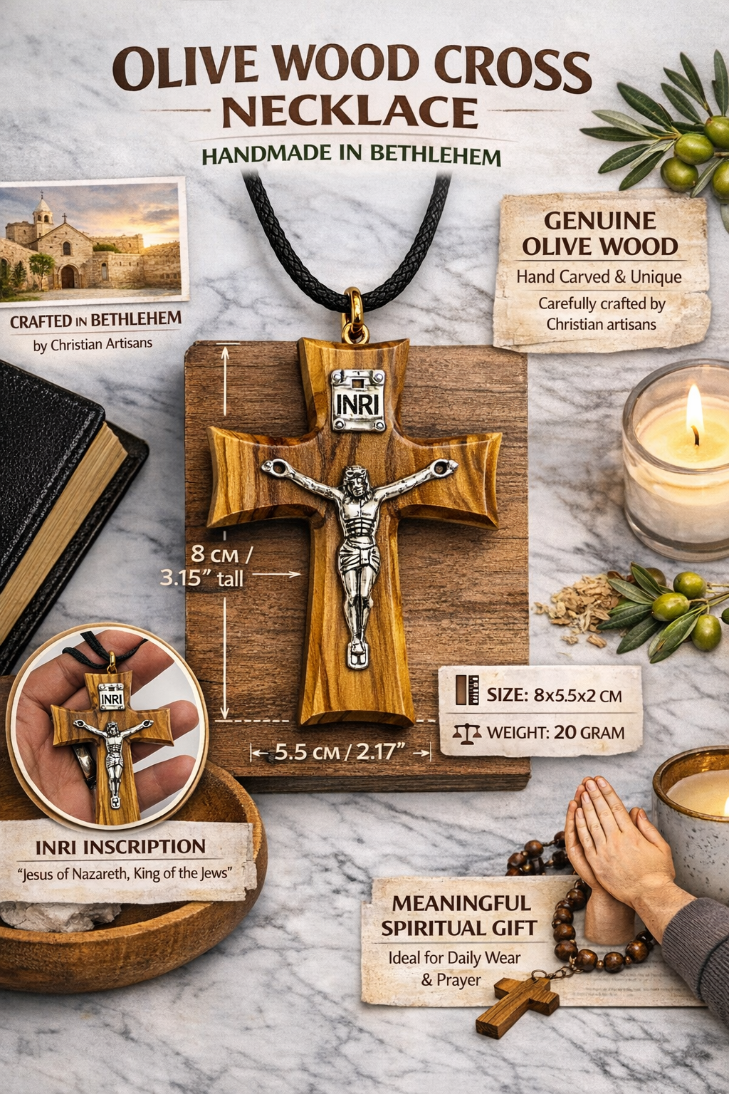 Handmade Olive Wood Cross Necklace from Bethlehem – Christian Crucifix Pendant with INRI – Holy Land Jewelry Gift