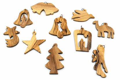Hand-Carved Olive Wood Ornament Set from Bethlehem, Assorted Christmas Shapes