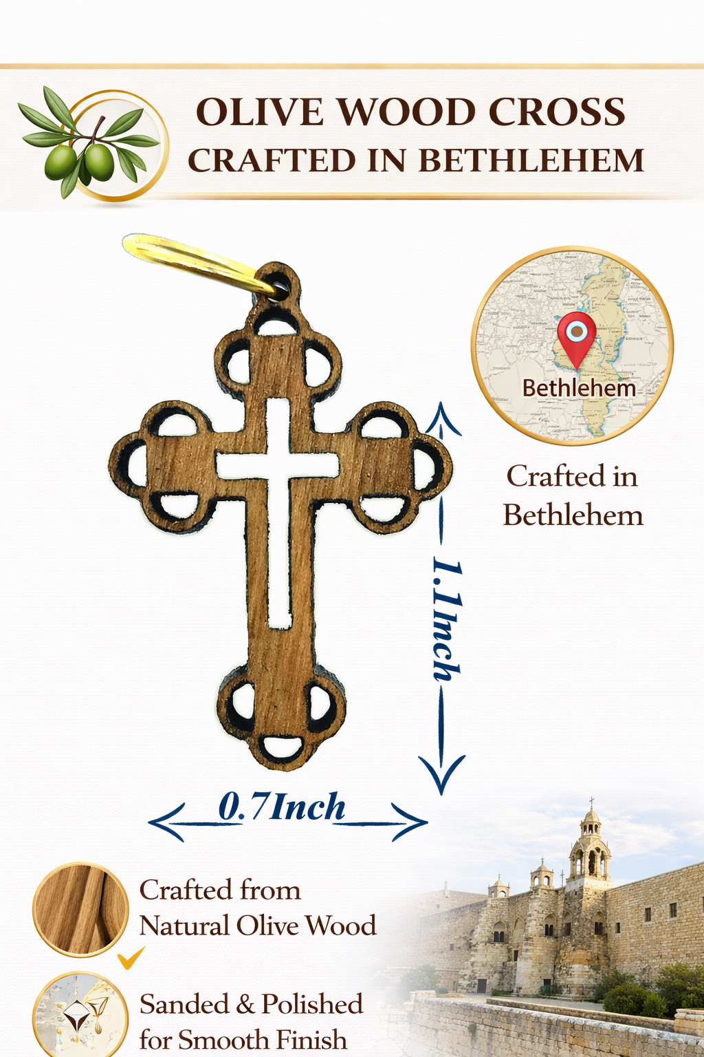Elegant Wooden Cross Charm Pendant – 1.1" x 0.7" Intricate Laser-Cut Religious Accessory - Additional View 1