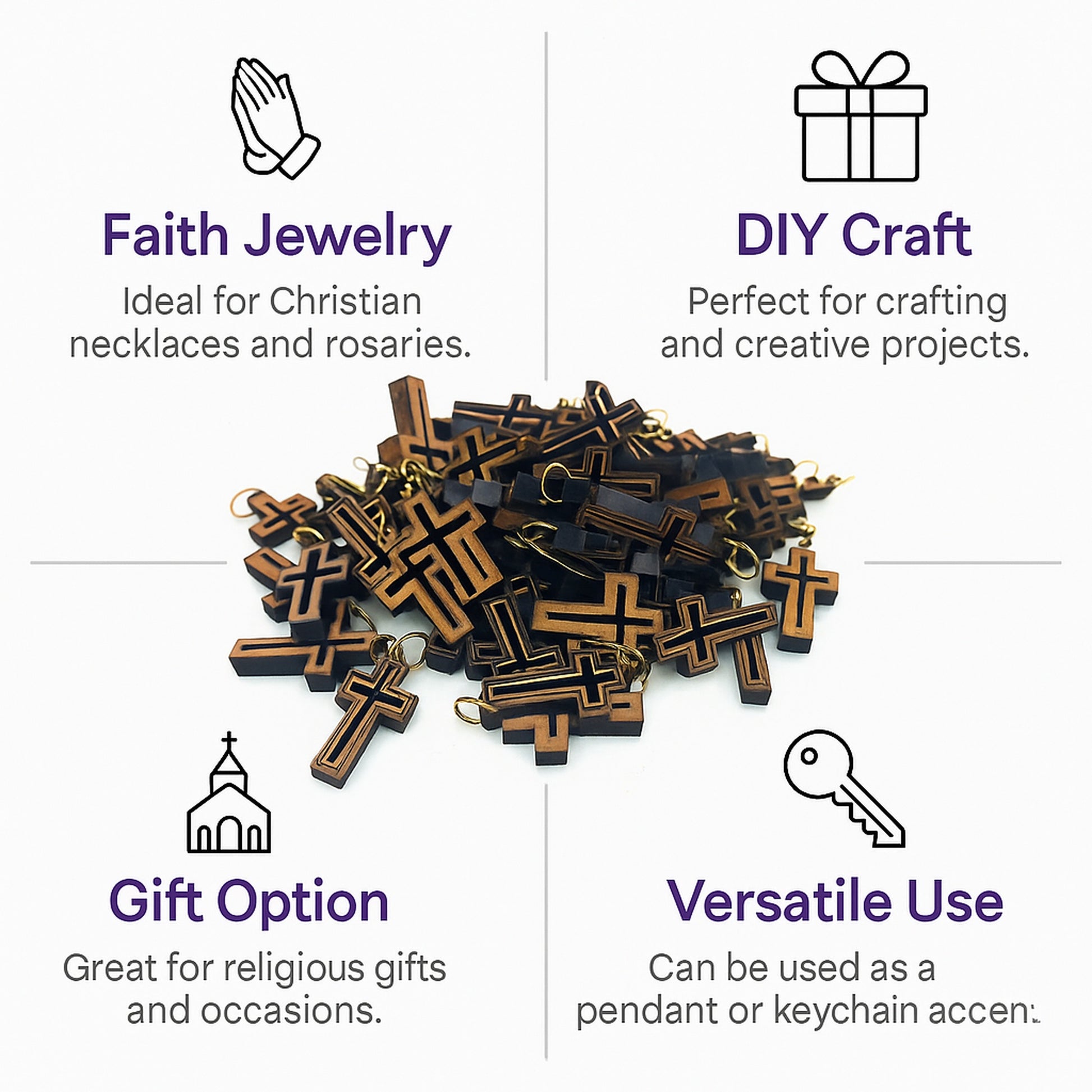 Double-Lined Laser-Cut Wooden Cross Pendant – 1.14" x 0.62" Elegant Faith Charm - Additional View 10