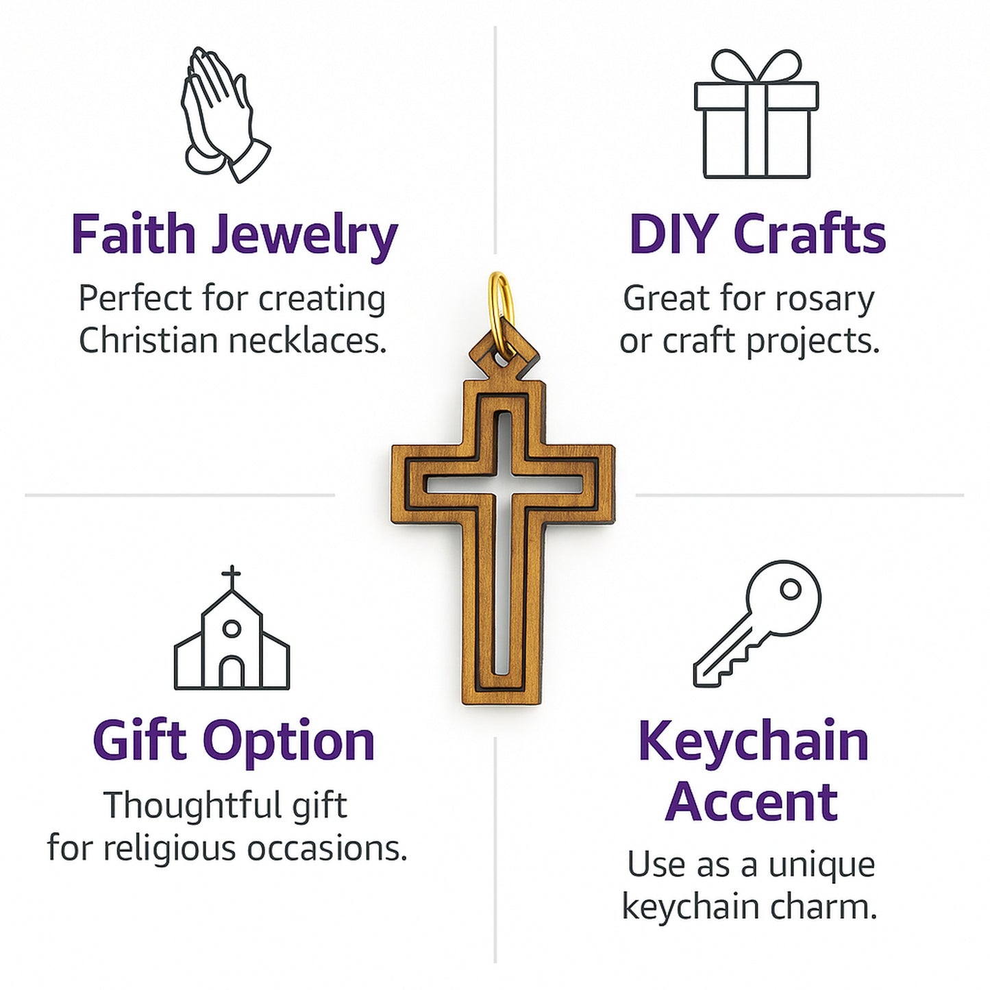 Double-Lined Laser-Cut Wooden Cross Pendant – 1.14" x 0.62" Elegant Faith Charm - Additional View 1