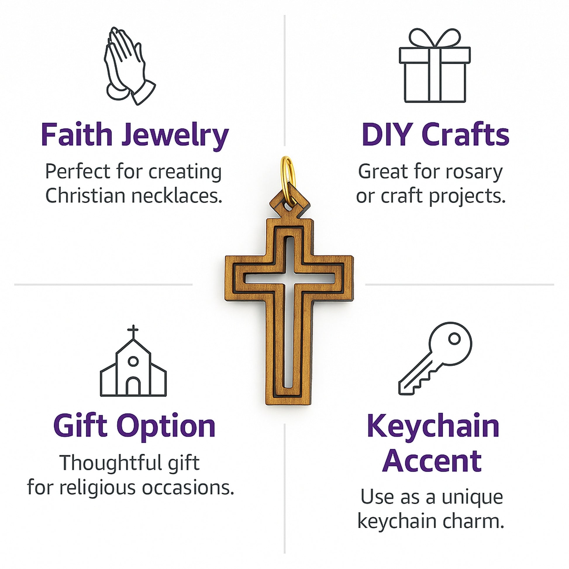 Double-Lined Laser-Cut Wooden Cross Pendant – 1.14" x 0.62" Elegant Faith Charm - Additional View 1