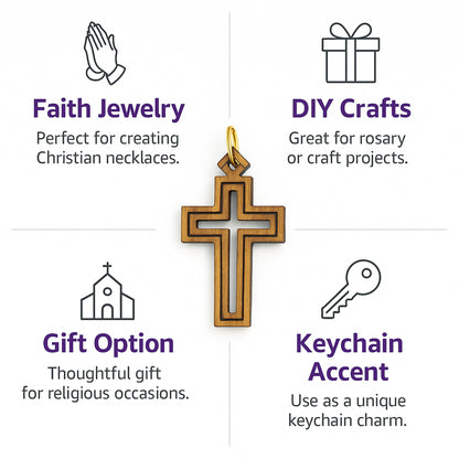 Double-Lined Laser-Cut Wooden Cross Pendant – 1.14" x 0.62" Elegant Faith Charm - Additional View 1