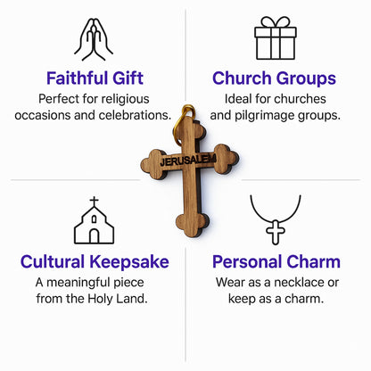 Engraved Jerusalem Wooden Cross Pendant – 1.25" x 0.98" Trefoil Faith Charm with Holy - Additional View 2