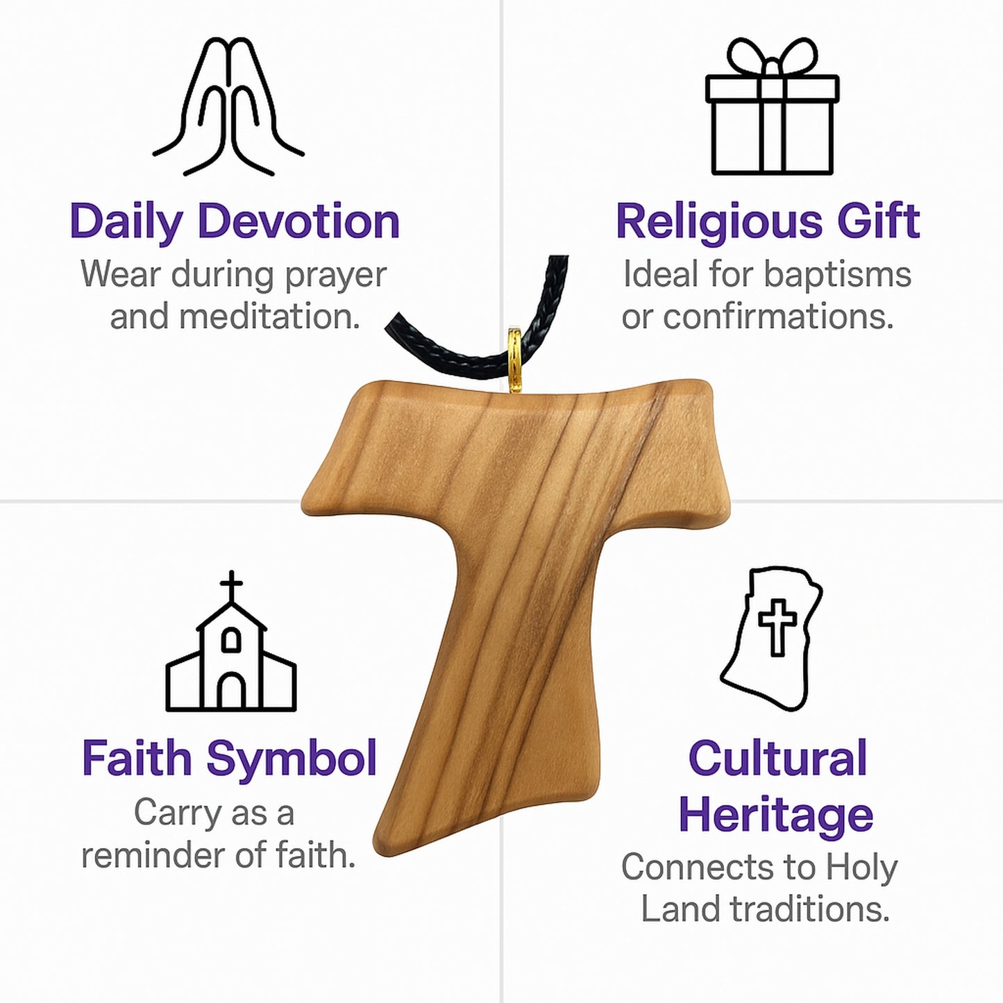 ✝️ Handcrafted Olive Wood Tau Cross Pendant Necklace – 1.8x1.7 Inches | Authentic Holy Land Gift from Zuluf