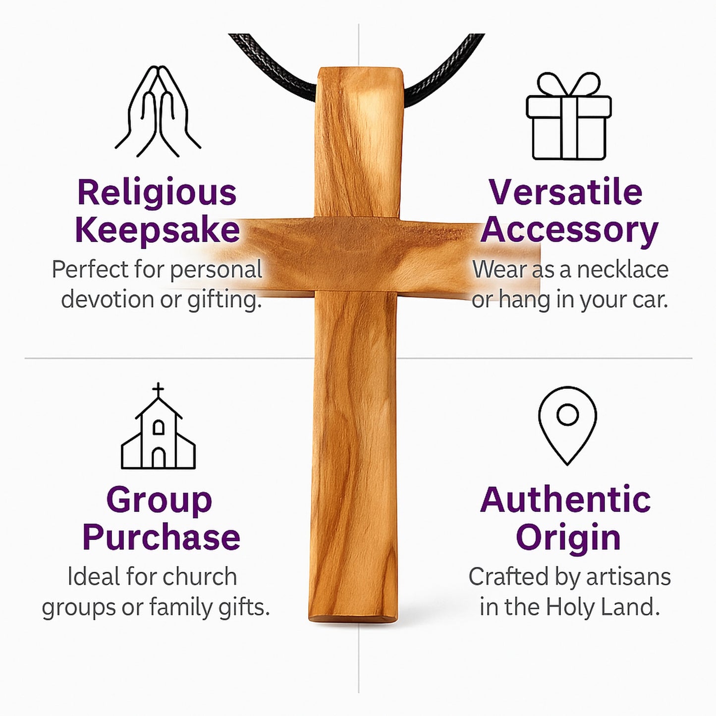 Handmade Olive Wood Cross Pendant Necklace for All Ages - Additional View 4