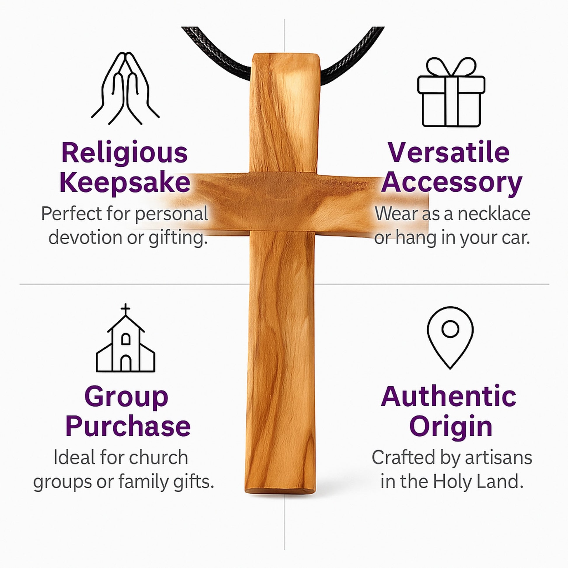 Handmade Olive Wood Cross Pendant Necklace for All Ages - Additional View 4