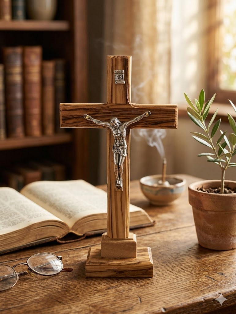 Handmade Olive Wood Crucifix from Bethlehem – Christian Cross with Metal Corpus & INRI – Holy Land Gift (4 Sizes)
