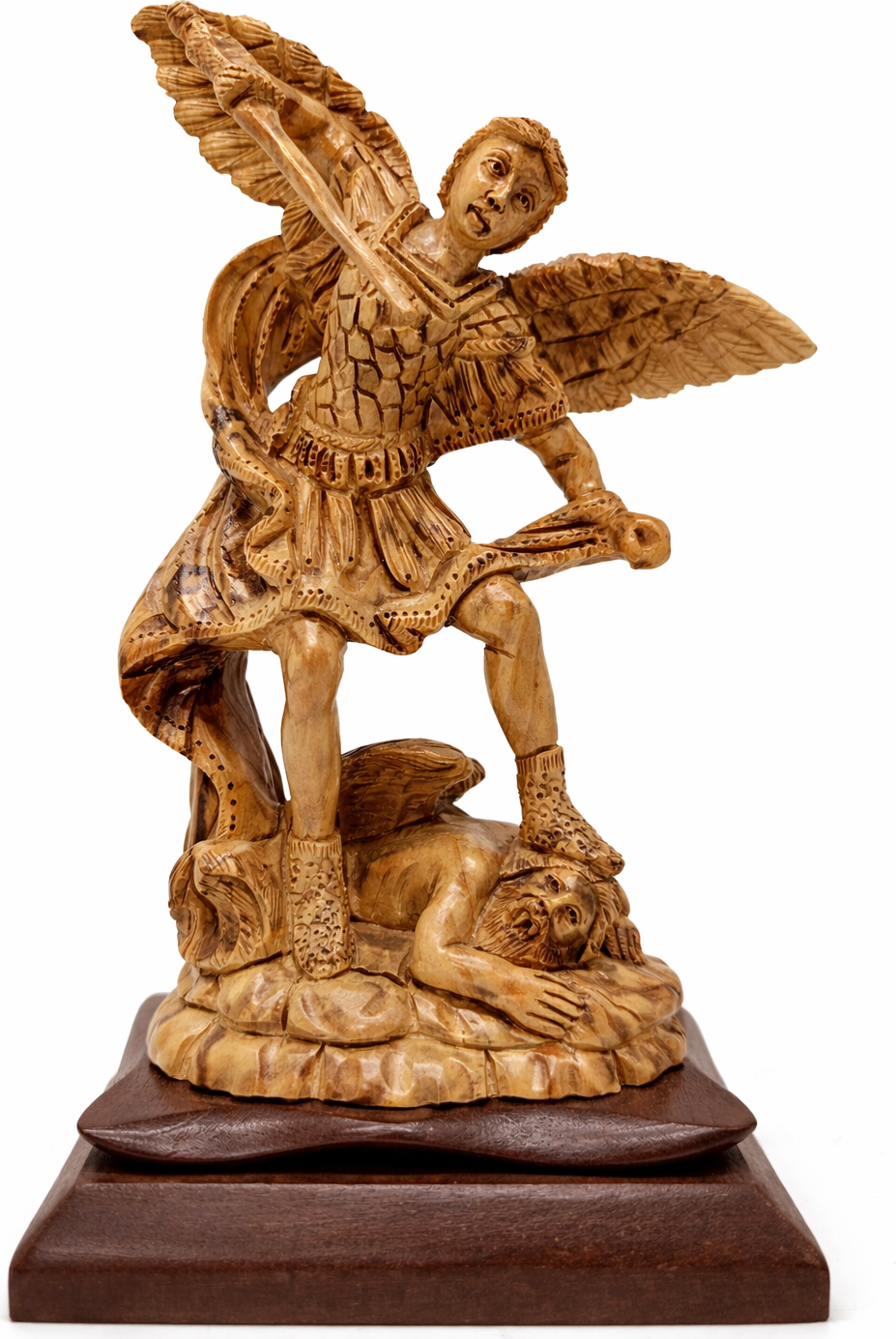 Hand Carved Olive Wood St. Michael the Archangel Statue 11” | Handmade Bethlehem Holy Land Christian Sculpture