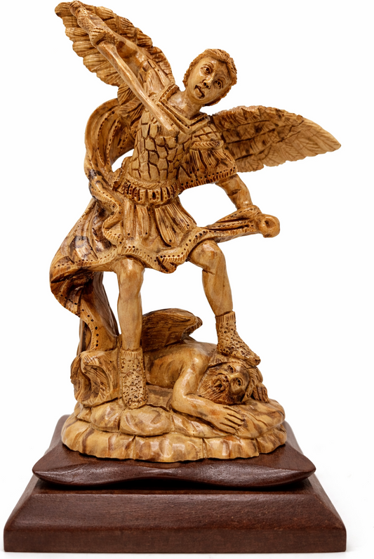 Hand Carved Olive Wood St. Michael the Archangel Statue 11” | Handmade Bethlehem Holy Land Christian Sculpture