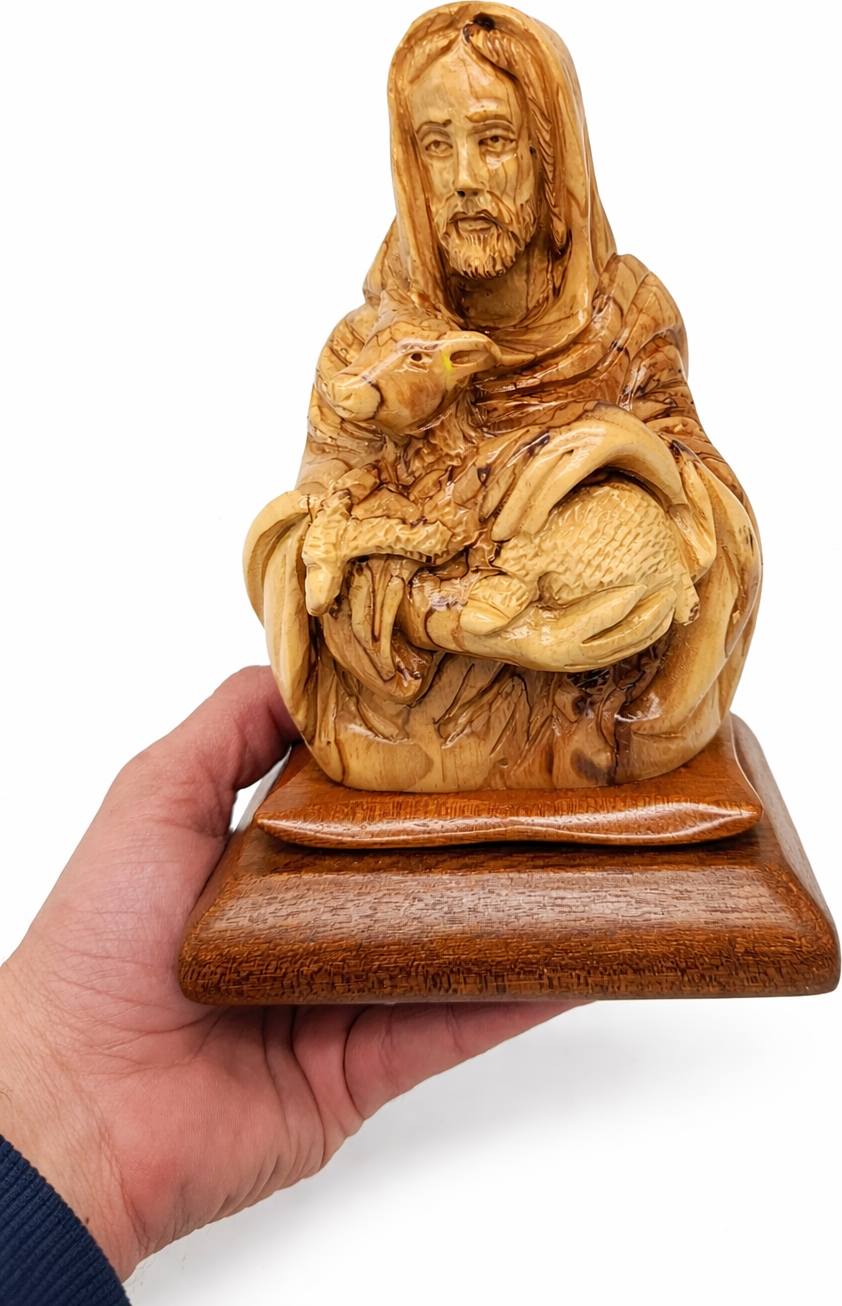 Hand Carved Olive Wood Good Shepherd Statue 8.3” | Handmade Bethlehem Holy Land Christian Sculpture — 8 Inch