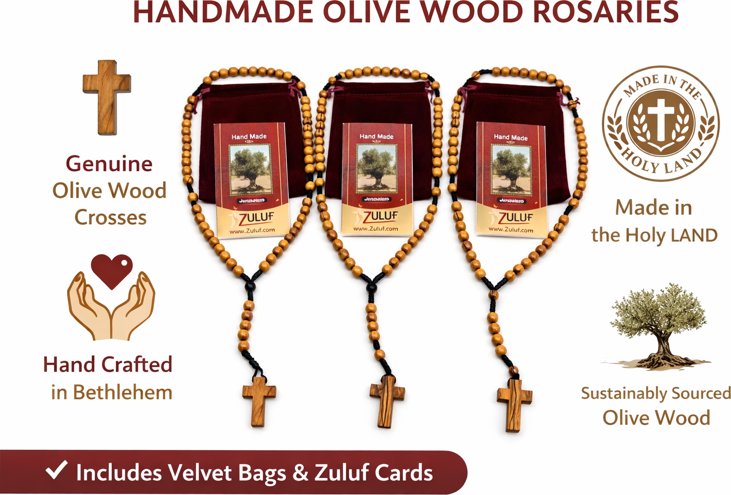 Set of 3 Olive Wood Rosary Beads Handmade in Bethlehem – Catholic Wooden Rosary with Cross – Includes 3 Velvet Bags & 3 Certificates – Holy Land Christian Gift