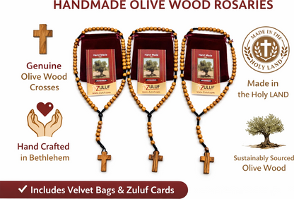 Set of 3 Olive Wood Rosary Beads Handmade in Bethlehem – Catholic Wooden Rosary with Cross – Includes 3 Velvet Bags & 3 Certificates – Holy Land Christian Gift