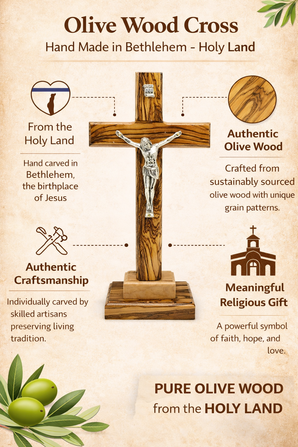 Handmade Olive Wood Crucifix from Bethlehem – Christian Cross with Metal Corpus & INRI – Holy Land Gift (4 Sizes)
