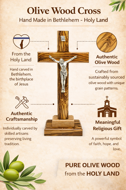 Handmade Olive Wood Crucifix from Bethlehem – Christian Cross with Metal Corpus & INRI – Holy Land Gift (4 Sizes)
