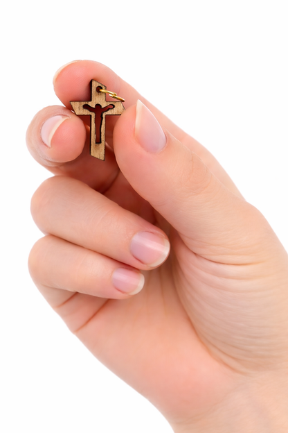 Laser-Cut Crucifix Wooden Pendant – 1.14" x 0.78" Rustic Cross with Christ Silhouette - Side View